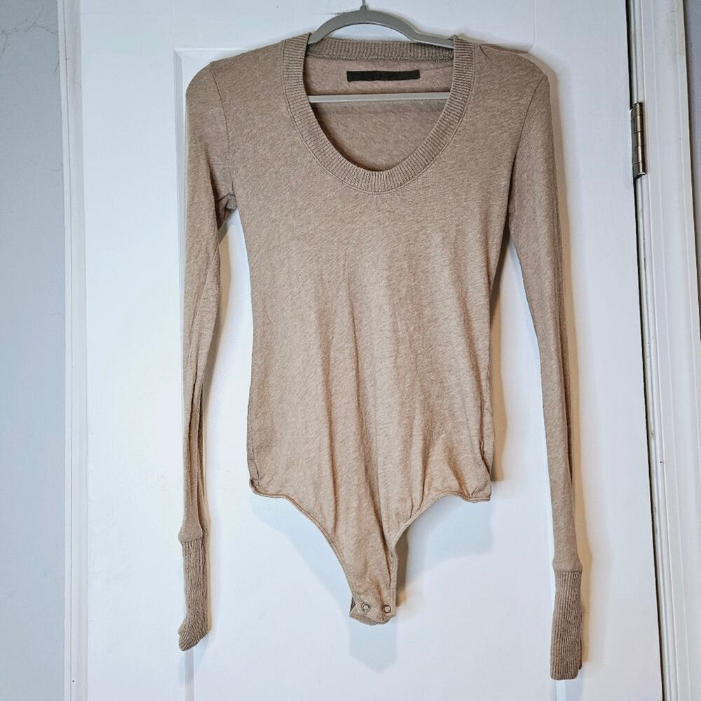 Enza Costa Cashmere Cotton U Neck Bodysuit Thumbholes Tan S